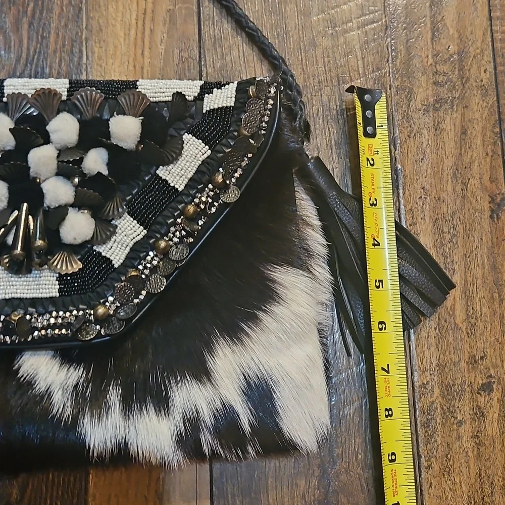 Anthropologie Ibban Calf Hair‎ Leather Black and White Beaded Women's Purse.